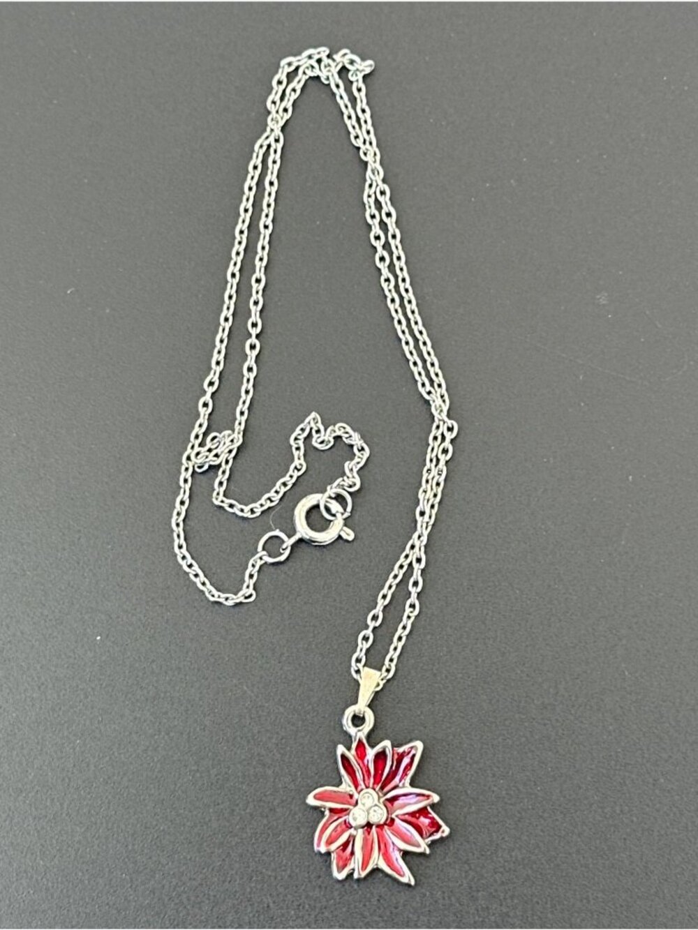 Vintage Necklace Silver Tone Chain Red Enamel Flower Pendant Charm Womens Gift